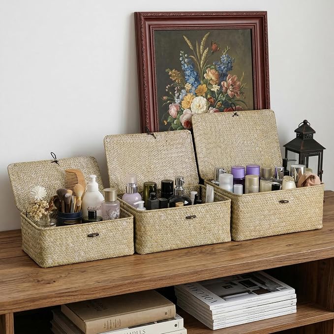 Nonam Small Wicker Basket with Lid,Seagrass Shelf Storage Basket,White | Basket Container for Organizing, Boho Decorative Basket, Rectangular Household Storage Boxes for Home Organization