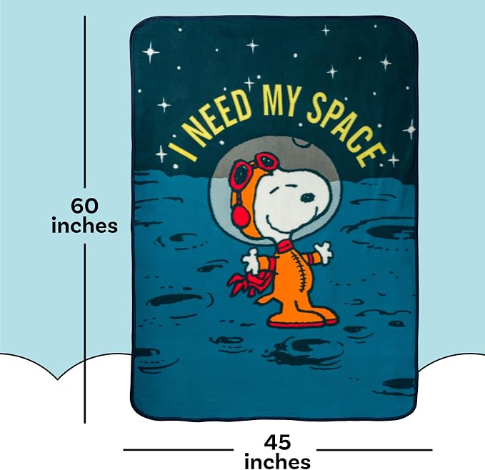 Silver Buffalo Peanuts Snoopy Astronaut, Fleece Throw Blanket, 45x60in | I Need My Space, Outer Space, Moon, Soft and Cozy, 180 GSM
