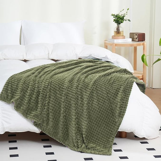 Puncuntex Fleece Throw Blanket Olive Green 60"×80" with Square Grid Design | Super Soft Plush Cozy Flannel Throw Blanket Luxury for Couch Sofa Chair