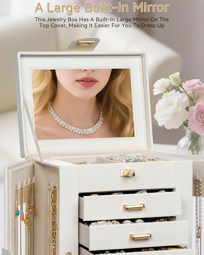 AKOZLIN 6-Tier Jewelry Box Organizer Functional 5 Drawers Leather Jewelry Storage Case for Women Girls Ring Necklace Earring Bracelet Holder Organizer with Mirror White 360° Rotating