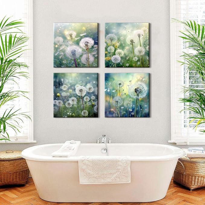 Dandelion Canvas Wall Art Nature Floral Artworks for Living Room Bathroom Decorations White Dandelion Pictures Flower Canvas Prints Framed Painting Bedroom Bathroom Wall Decor Ready To Hang 24x24"4Pcs