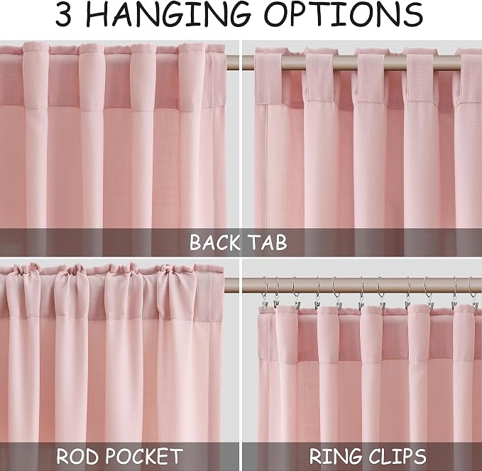 Extra Long Pink Linen Curtains 120 Inch for Kids Bedroom 2 Panels Set Rod Pocket Back Tab Light Filtering Semi Sheer Soft Linen Window Drapes Privacy High Ceiling Drapes for Farmhouse 52x120