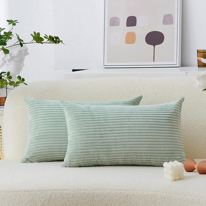 Home Brilliant Sage Green Lumbar Pillow Cover Corduroy Plush Velvet Oblong Decorative Rectangle Pillowcases for Bed Couch Sofa Summer Decor, Set of 2, 12 x 20 inches(30x50cm), Mint