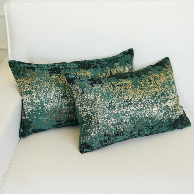 THE-TINOART Pack of 2 Modern Christmas Throw Pillow Covers 12x20, Green and Gold Jacquard Woven Pillow Covers, Luxury Holiday Decor for Couch Sofa Bed