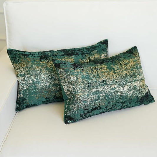 THE-TINOART Pack of 2 Modern Christmas Throw Pillow Covers 12x20, Green and Gold Jacquard Woven Pillow Covers, Luxury Holiday Decor for Couch Sofa Bed