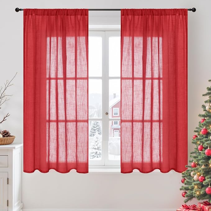 BGment Red Linen Curtains 54 Inch Length for Bedroom Window, Semi Sheer Drapes Lightweight Rustic Textured for Living Room Farmhouse with Rod Pocket, 2 Panels Set, Each 42 Inch Wide