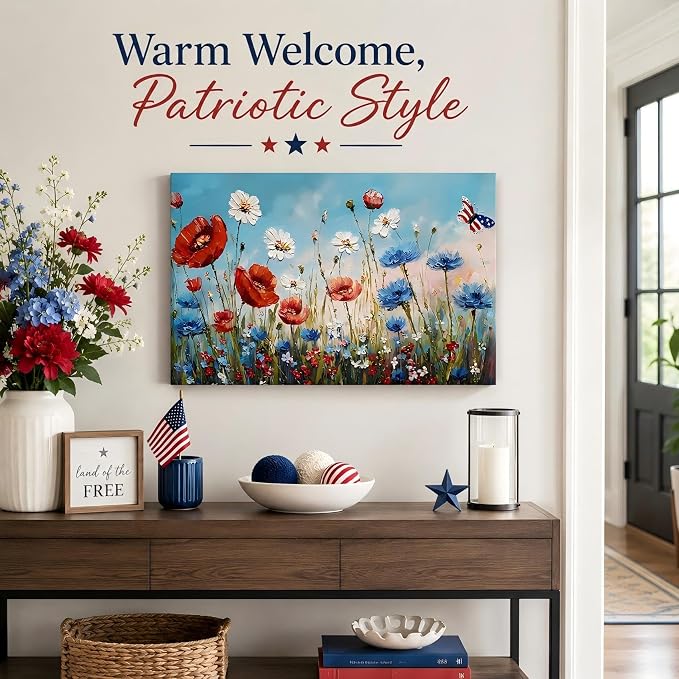 Patriotic Red White Blue Wildflower Wall Art, 4th of July Floral Canvas Prints, Framed Independence Day Wall Decor, American Flag Butterfly Artwork for Bedroom Office, Made in USA