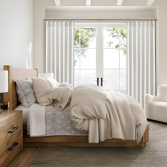 Custom Extra Long 105 Inch Floor to Ceiling Curtains for Living Room, Neutral Beige White Linen Pinch Pleated Light Filtering Sheer Curtain 2 Panels Set Hook Ring for 104-106 Inches Large Window Drape