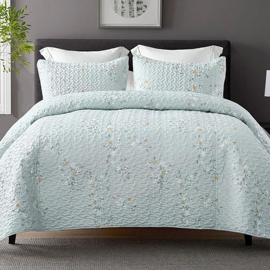 Exclusivo Mezcla Reversible Boho Quilts Queen Size Aqua | Lightweight Soft Bedspreads, All Season Flowers Coverlet Bedding Set, Printed Floral Pattern, 1 Quilt and 2 Pillow Shams