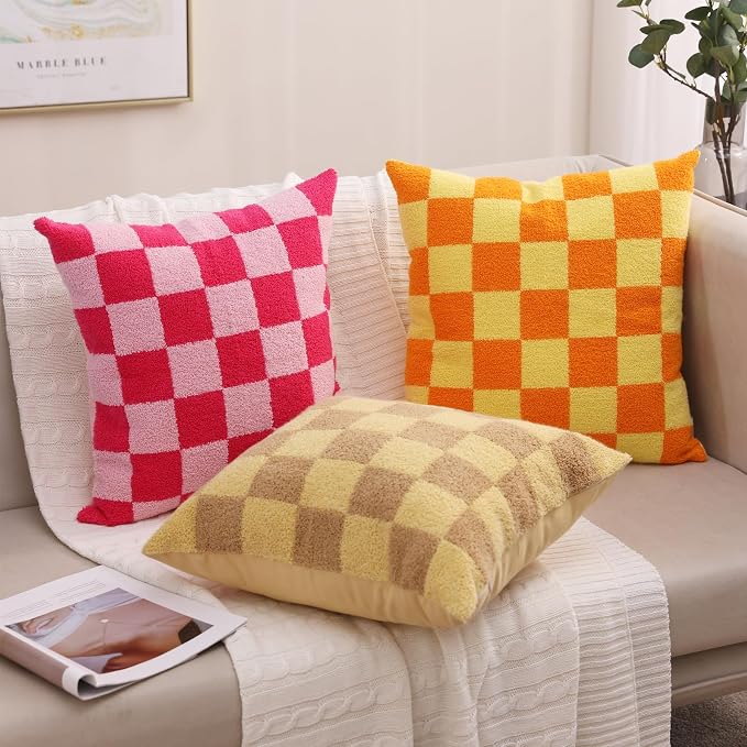 Alysheer Checkered Embroidered Throw Pillow Covers 18"x 18" 2pc Hot Pink