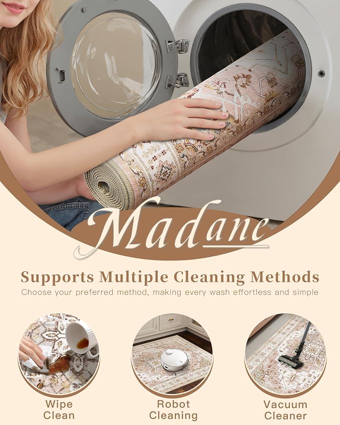 Madane Washable Area Rug 2x3 Small Entryway Rugs Non-Slip, Pink | Vintage Stain-Resistant Door Mat Indoor Entrance, Low Pile Floor Carpet for Inside Front Bedroom Kitchen Entry Laundry, Stair