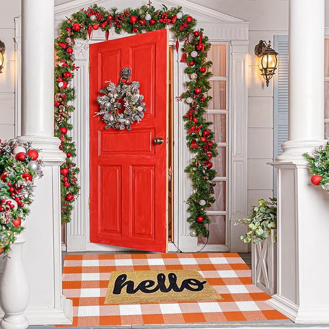 SEEKSEE Buffalo Plaid Outdoor Rug 3' x 5' Orange and White Front Door Mat, Layering Rug for Porch, Halloween Doormat, Front Porch Rug for Outdoor Entrance Entryway Patio Porch Decor