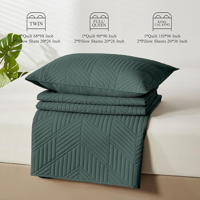 Davulos Twin Quilt Set,Forest Green Lightweight Reversible Bedspread for All Seasons,Soft Modern Microfiber Geometric Coverlet for Dorm Room or Guest Bedroom(1 Quilt,1 Pillow Sham)