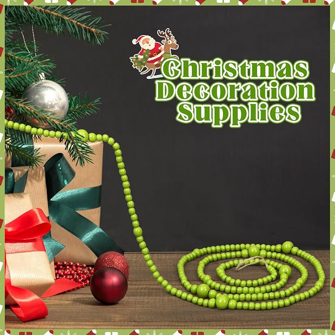 12 Feet Summer Christmas Wooden Beads Garland Round Craft Farmhouse Vintage Christmas in July Wood Bead Garlands for Xmas Supplies(Green)