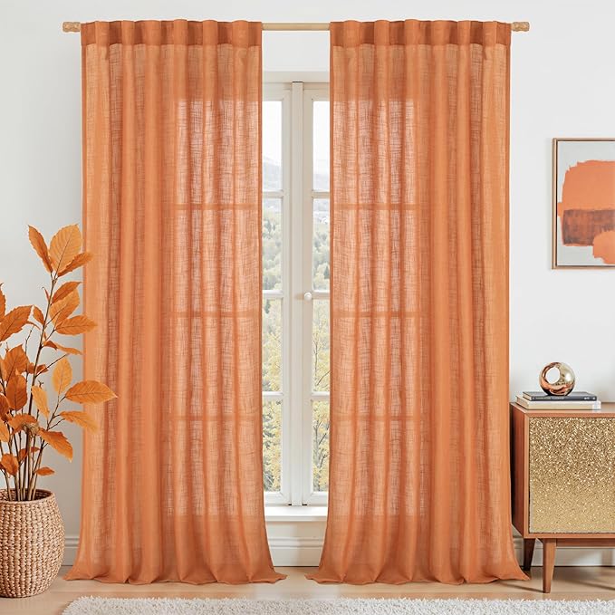 95 Inches Long Linen Curtains for Living Room, Semi Sheer Panels | Light Filtering, Privacy, Drapes for Bedroom, Dining Room, Rod Pocket Back Tab, Burnt Orange, Set of 2, 52 x 95 Inch