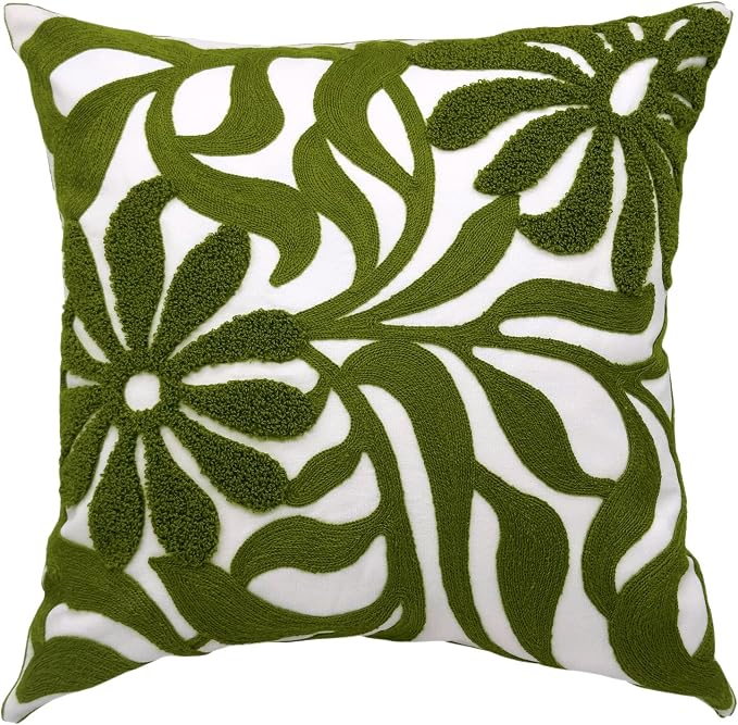 Alysheer Floral Embroidered Throw Pillow Cover 18"x18" 1pc, Olive Green