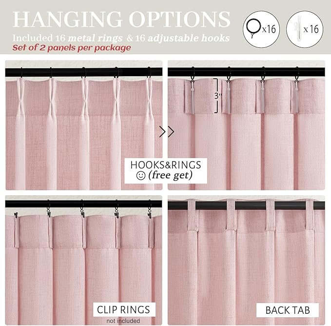 Light-Pink Floor to Ceiling Semi Sheer Extra Long Curtains 108 Inches Length for Office, Pinch Pleat Linen Light-Filtering Privacy Curtain That Let Light in Sunroom Baby Pink 108 Inch Drapes 2 Panels