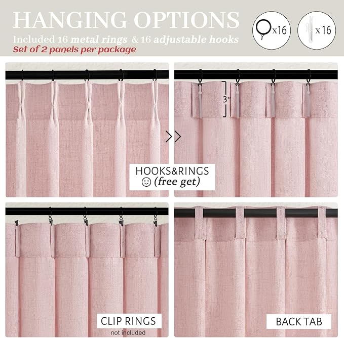 Pretty Light Pink Semi Sheer Curtains 96 Inches Long for Living Room 2 Panels Set, Memory Shaped Pinch Pleated 8 FT Faux Linen Light-Filtering Nursery Curtain Back Tab Elegent Window Drapes W40 x L96