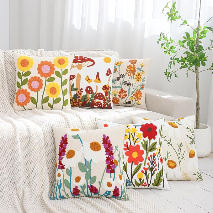 LUOYEHK Mushroom Pillow Covers 18x18 Inch Set of 2 Embroidered Throw Pillow Covers Decorative Pillow Cover Spring Summer Boho Cushion Pillowcase for Couch Sofa Bed Living Room, Mushroom Snail