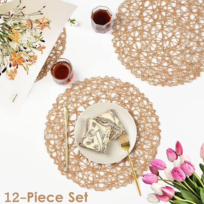 IcosaMro Brown Round Placemats Set of 12 for Dining Table, 13 Inches Paper Woven Boho Small Decorative Circle Place Mat for Wedding Christmas Thanksgiving Day Holiday Dinner, Light Coffee Brown