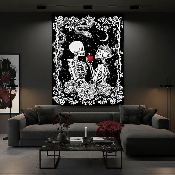 Accnicc Skeleton Lovers Tapestry Gothic Skull Vertical Tapestries Wall Hanging Black and White Floral Plant Snake Horror Large Tapestry for Bedroom Living Room Dorm 80 x 60 inch