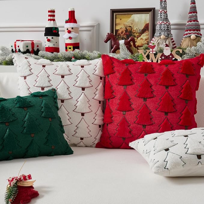 Christmas Tree Faux Fur Pillow Covers 20x20 Inch Set of 2 Embroidered