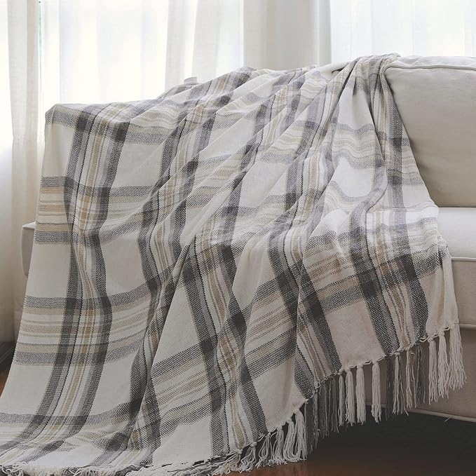 Taupe Grey and White Plaid Decor Tartan Blanket, Lightweight Soft Chenille Striped Knitted Rustic Farmhouse Throw with Tassels for Couch Sofa Chair Bed Office Home, 60" x 80"