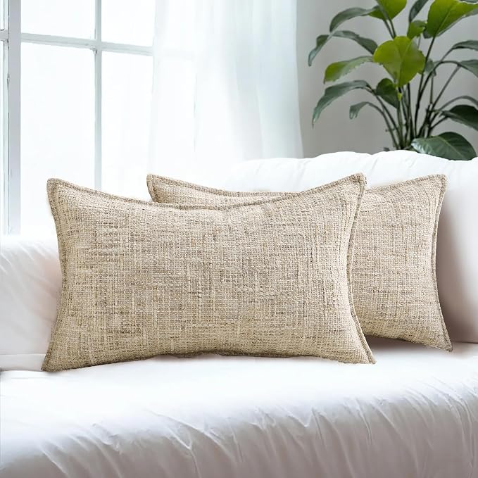 HAUSSY Pack of 2 Chenille Tweed Throw Pillow Covers 12x20 Inch, Beige