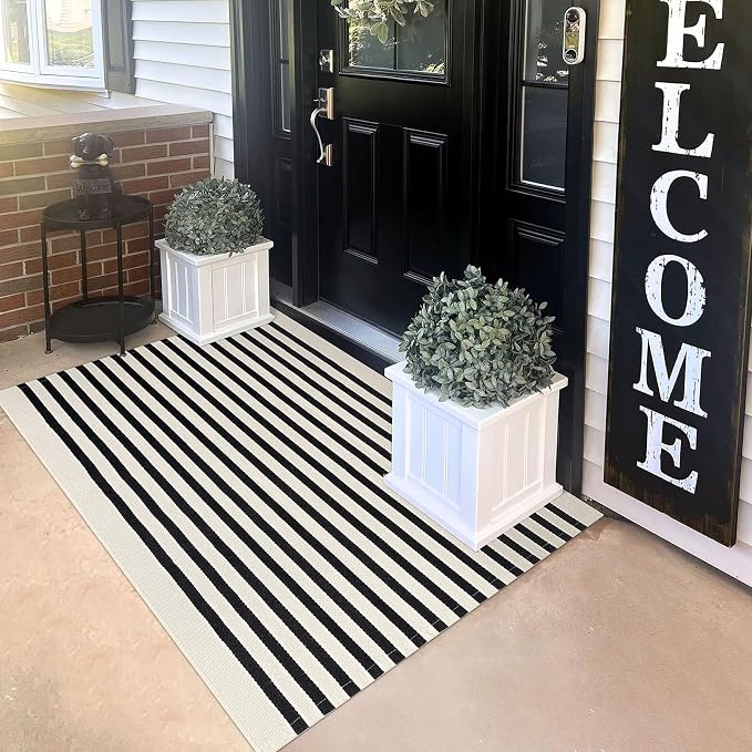 KILOCOCO Beige Striped Rug 3x5 Indoor Outdoor Rugs Washable Front Door Rugs | Cotton Layered Doormats, Washable Front Porch Rug, Woven Low Pile Welcome Mat for Kitchen Entryway Farmhouse Patio