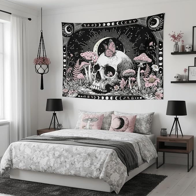 Accnicc Gothic Skull Tapestry Goth Skeleton Butterfly Mushroom Tapestries Wall Hanging Witchy Plant Floral Celestial Constellation Large Tapestry for Bedroom Living Room Dorm 80 x 60 inch