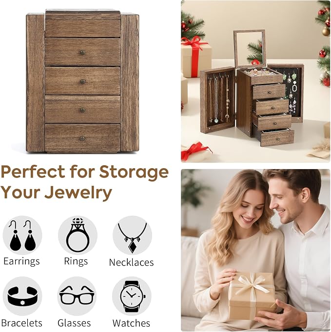 Meangood Jewelry Box Wood for Wowen, 5-Layer Large Organizer Box with Mirror & 4 Drawers for Rings, Earrings, Necklaces, Walnut