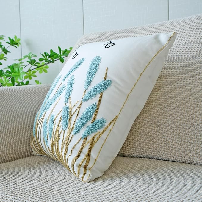 vctops Farmhouse Pampas Grass Cotton Tufted Throw Pillow Cover Boho Embroidery Pillowcase Soft Square Cushion Case for Sofa Couch Bed Chair (Blue C,18"x18")