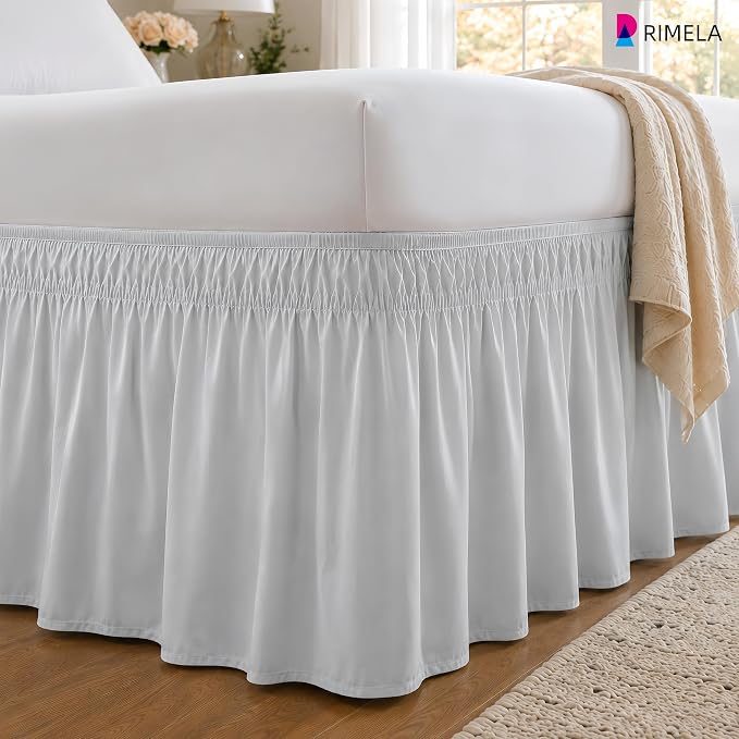 Ice Grey Bed Skirt Queen Size 15" Drop, Elastic Wrap Around Bedskirt | Solid Ruffled, Easy to Use, No Mattress Lifting, Wrinkle & Fade Resistant, with Adhesive Strips, Machine Wash/Dry/Iron