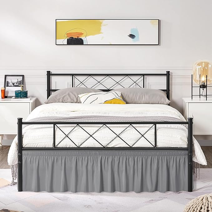 Wrap Around King Size Bed Skirt Split Corner 15" Drop-Elastic Dust Ruffle | Silver Grey Adjustable Pleated Bedskirt-Easy Fit Wrinkle Resistant Washable Bed Skirting-Master Guest Bedroom Couples Hotels