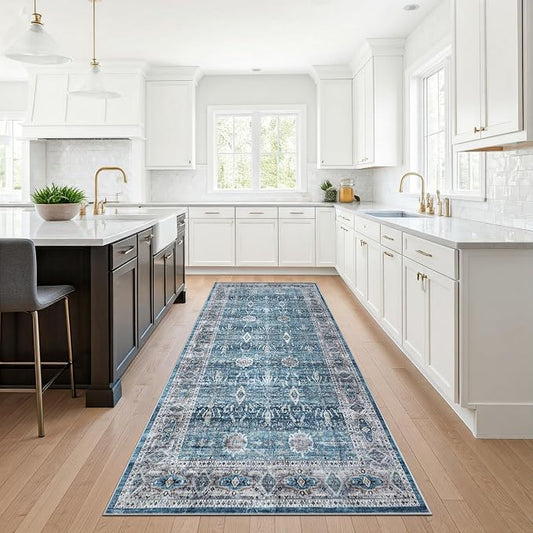 Machine Washable Area Rug, Soft & Durable, Non-Slip, Stain Resistant Rug for Bedroom, Living Room, Dining Room, High Traffic Areas. (Blue/Turquoise, 2.5' X 7')