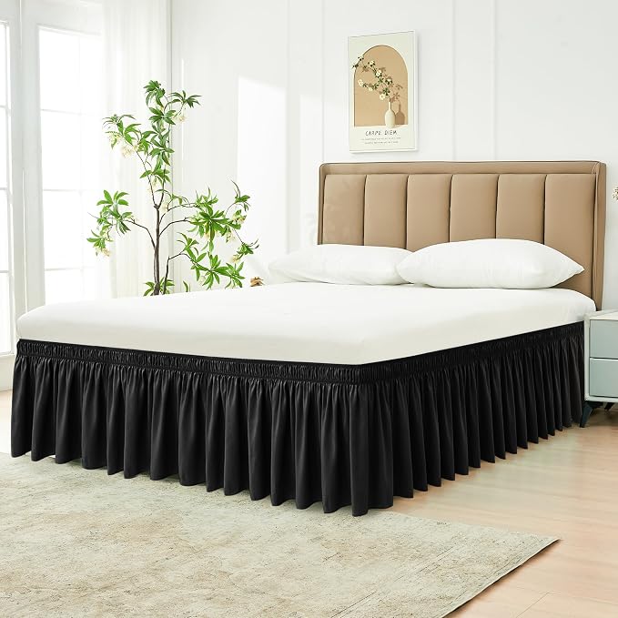 Wrap Around Queen Bed Skirt 25 Inch Drop-Elastic Long Dust Ruffle Black | Adjustable Pleated Bedskirt-Easy Fit Wrinkle Resistant Washable Hotel Quality Fabric Bed Skirting-Master Guest Bedroom Rental