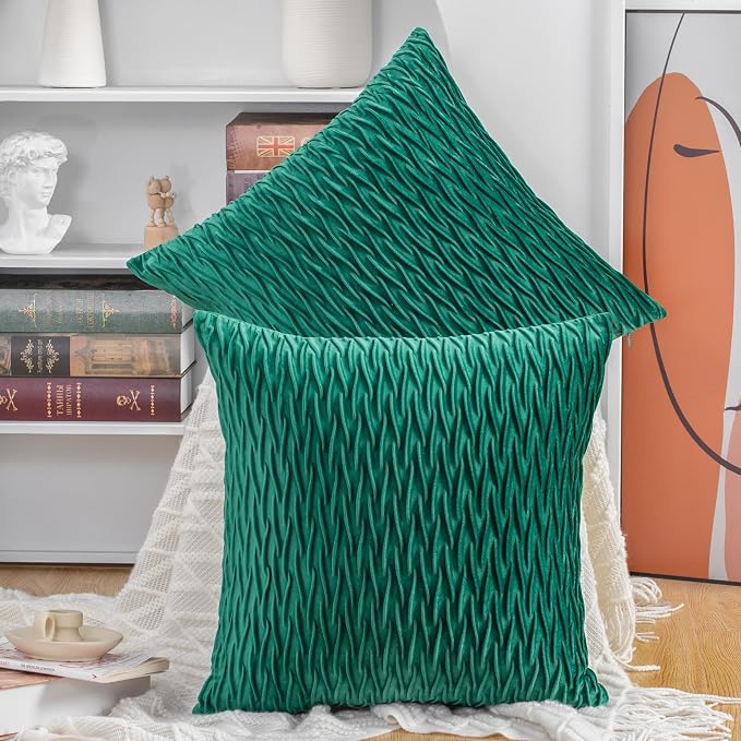 MADIZZ Set of 2 Super Soft Velvet Decorative Throw Pillow Covers 16x16 inch Green Square with Texture Luxury Style Cushion Case Pillow Shell for Sofa Bedroom