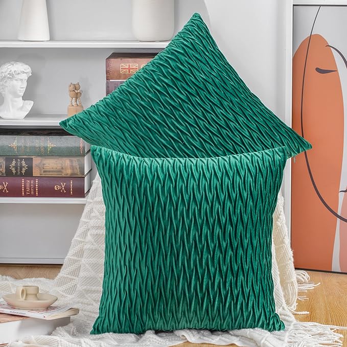 MADIZZ Set of 2 Super Soft Velvet Decorative Throw Pillow Covers 24x24 inch Green Square with Texture Luxury Style Cushion Case European Pillow Shell for Sofa Bedroom