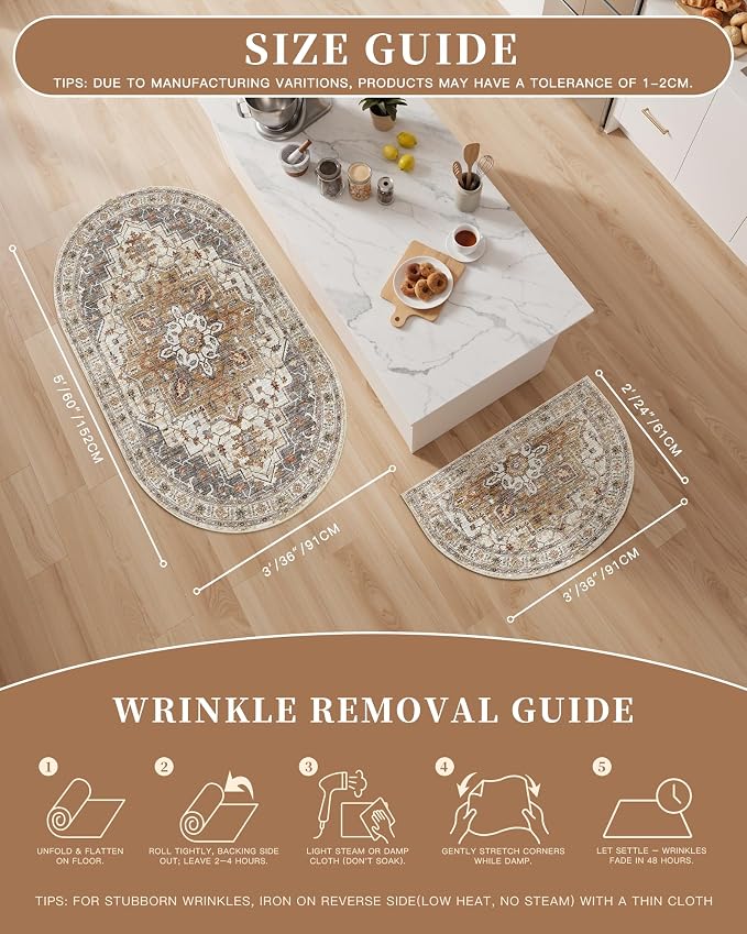 Madane Washable Oval Rug 3x5 for Entryway Small Area Rugs, Turmeric/Grey | Vintage Entryway Bedroom Non Slip Door Mat Indoor Entrance, Kitchen Runner Living Room Laundry Playroom Soft Floor Carpets