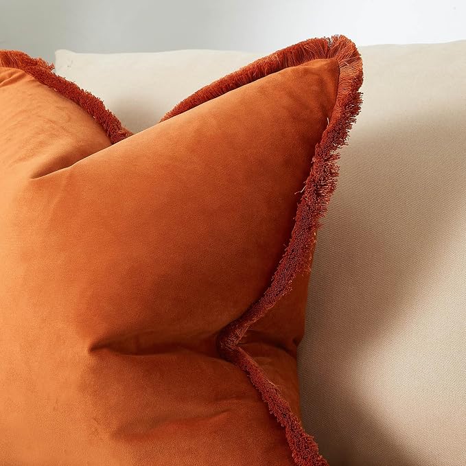 JUSPURBET Pack of 2 Rust Decorative Fringe Velvet Throw Pillow Covers 26x26 for Home Decor Living Room Bedroom Car Boho Soft Cushion Cover with Hidden Zipper Machine Washable