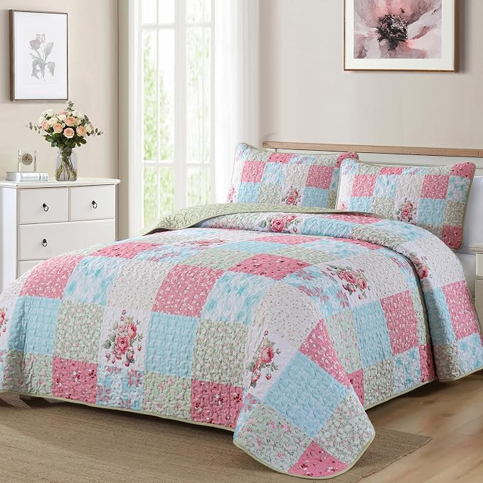 Mybedsoul Boho Quilt King Size, Patchwork Floral Bedding Set, Blue Pink | Soft Lightweight Microfiber Coverlet Set, 3 Pieces Plaid Reversible Bedspread, Bed Sets for All Seasons 90"x110"