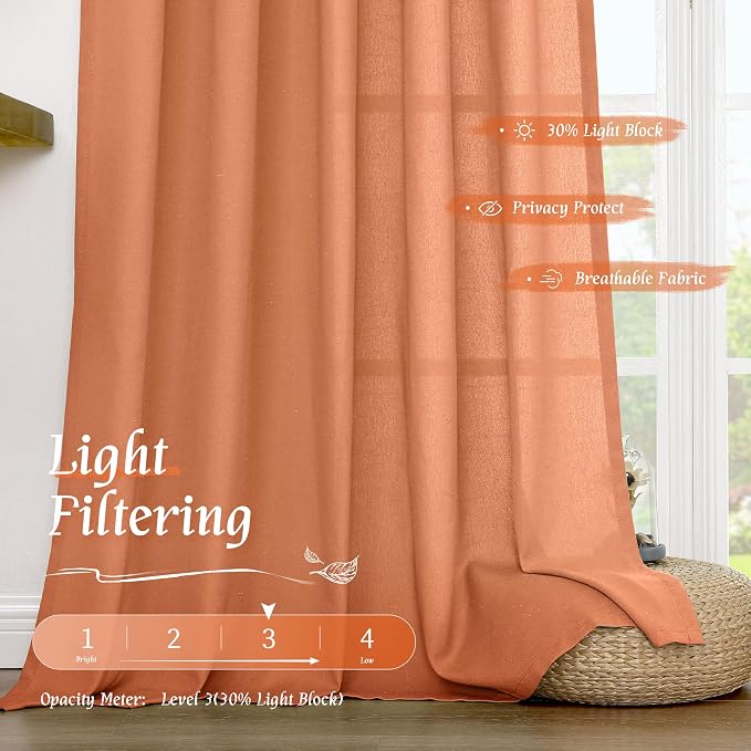 Light Filtering Linen Boho Curtains 84 inch Length for Living Room | Semi Sheer, Privacy, Linen Textured, Drapes for Bedroom, Rustic Farmhouse, Rod Pocket, 52 x 84 Inch, Terracotta, 2 Panels