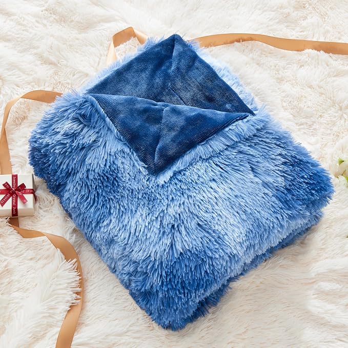 GONAAP Fuzzy Faux Fur Twin Blanket for Couch, Indigo, 60"x80" | Warm Cozy Plush Shaggy Decorative Reversible Thick Non-Heated Fleece Blanket for Sofa Bed, Gift for Women Men, All Season Use