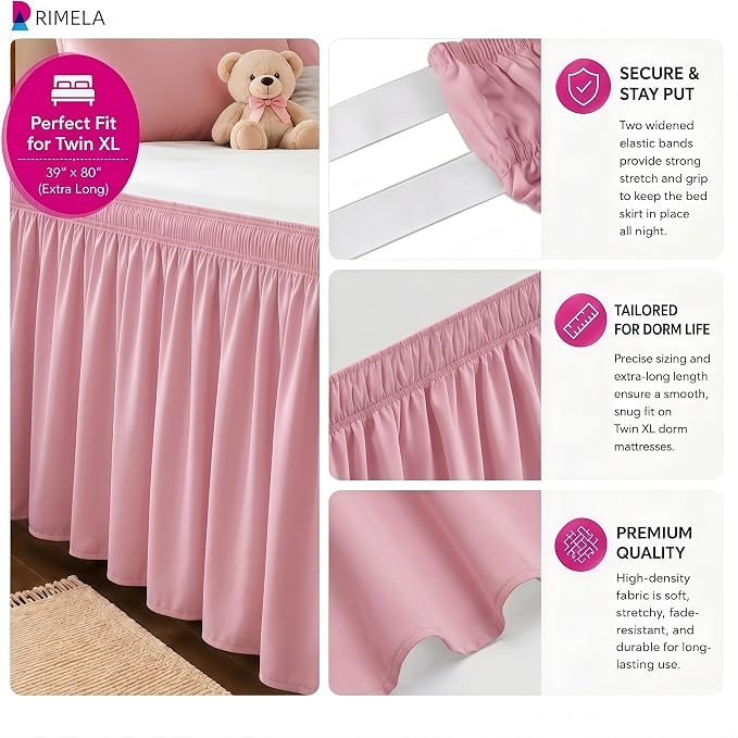 College Dorm Bed Skirt Twin XL 42" Drop, Slit Corner Bedskirt, Dusty Pink | Solid ruffled, Wrap-around/elastic, Wrinkle & Fade resistant, with Adhesive Strips, Gift Packed, Machine Wash/Tumble Dry/Iron