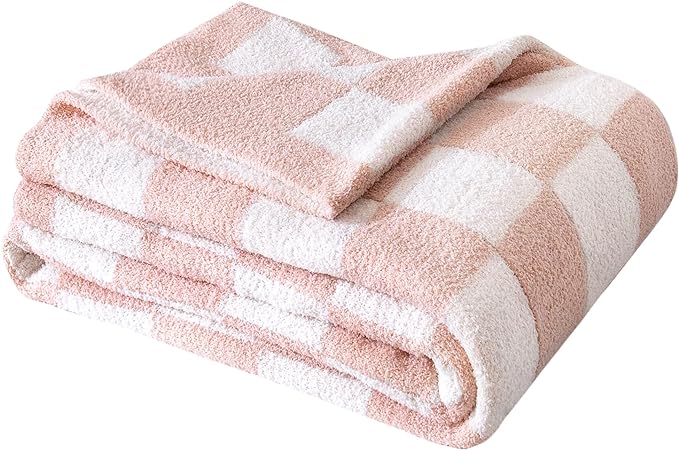 SeaRoomy Fuzzy Checkered Throw Blanket for Couch,Light Pink 60"X79" | Warm,Cozy,Fluffy,Lightweight,Gift for Women Couch Sofa Bed Room Decor