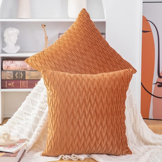 MADIZZ Set of 2 Super Soft Velvet Decorative Throw Pillow Covers 20x20 inch Orange Square with Texture Luxury Style Cushion Case Pillow Shell for Sofa Bedroom