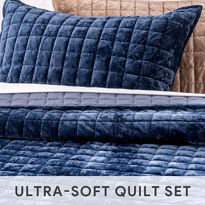 RECYCO Channel Box Stitch Velvet Quilt Set, Twin/Twin XL Size, Navy Blue | Ultra Soft Lightweight Velvet Comforter, Luxury Oversized Bedspread Coverlet, Quilted Bedding Set for All Season with 1 Sham
