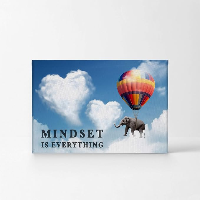 Smile Art Design Mindset is Everything Quote Elephant with Balloon Blue Sky Motivational Wall Art Canvas Print Inspirational Wall Art Entrepreneur Quote Office Decor Artwork Gift Ready to Hang 15x22