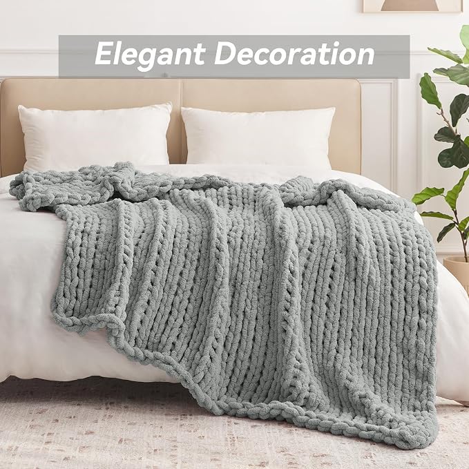 Negwoo Chunky Knit Throw Blanket, Knitted Throw Chenille Yarn, 60"*80" | Soft Thick Cable Knitted Blankets, Handmade Big Thick Blanket, Machine Washable Cute Comfy Blanket for Home Decor, Light grey