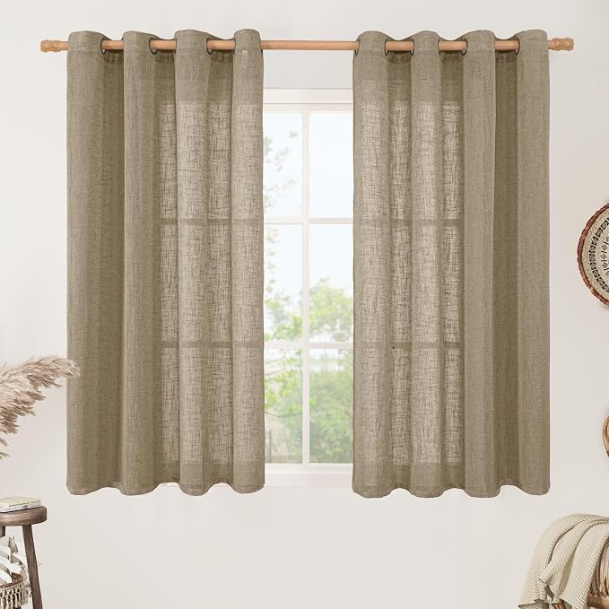 Taupe Linen Sheer Curtains 54 Inches Long for Bedroom 2 Panels | Light Filtering, Curtains for Bathroom, Windows, Dining Room, Country Decor, Boho Drapes, Bronze Grommet, 52 x 54 Inch